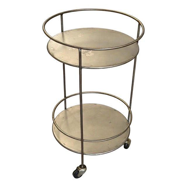 Vintage Two-Tier Brass Tone Rolling Bar Cart | Mid Century Modern Industrial For Sale