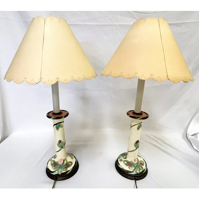 Boho Chic Vintage Italian Ceramic Majolica Candlestick Lamps With Pierced Paper Lampshades- Set of 2 For Sale - Image 3 of 12