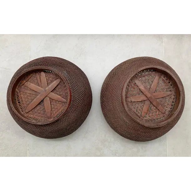 Chinese Basket Pair Hand-Woven Rattan With Red Wood Base, Early 20th Century For Sale - Image 11 of 16