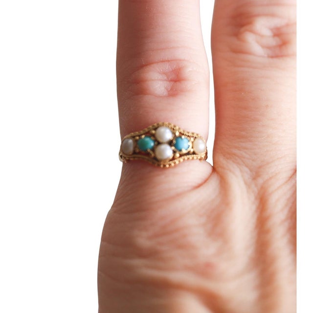 Gold Antique 18k Gold Pearl and Turquoise Ring For Sale - Image 8 of 11