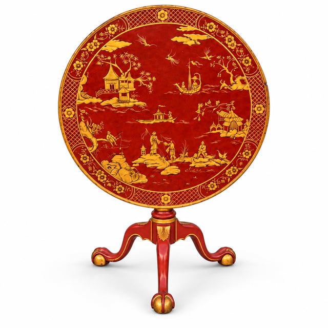 Red English Georgian Style Red Lacquer and Gilt Chinoiserie Tilt-Top Tripod Table For Sale - Image 8 of 8