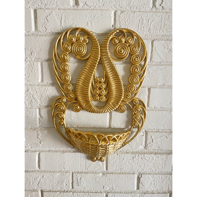 Gold Vintage Hollywood Regency Homco Gilded Faux Wicker & Rattan Wall Pocket Planter Baskets, Wall Hanging Flower Installation For Sale - Image 8 of 12