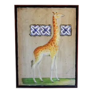 Jean-Paul Donadini Entre Deux (Giraffe With Blue and White Tiles) Collage Painting on Wood Panel 1998, Framed