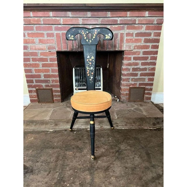 Black Mid 20th Century Vintage Mother of Pearl Inlaid 3 Leg High Back Chair For Sale - Image 8 of 10