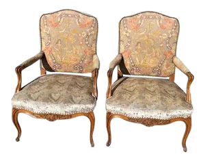 19th Century French Walnut Petite Point Neelde Point Arm Chairs- A Pair