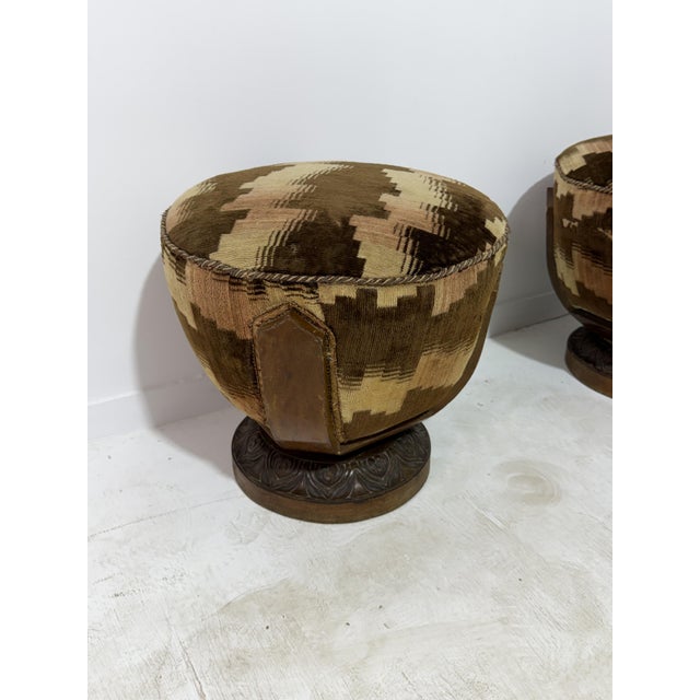 Wood Art Deco Italian Poufs in Walnut and Velvet, 1940, Set of 3 For Sale - Image 7 of 12