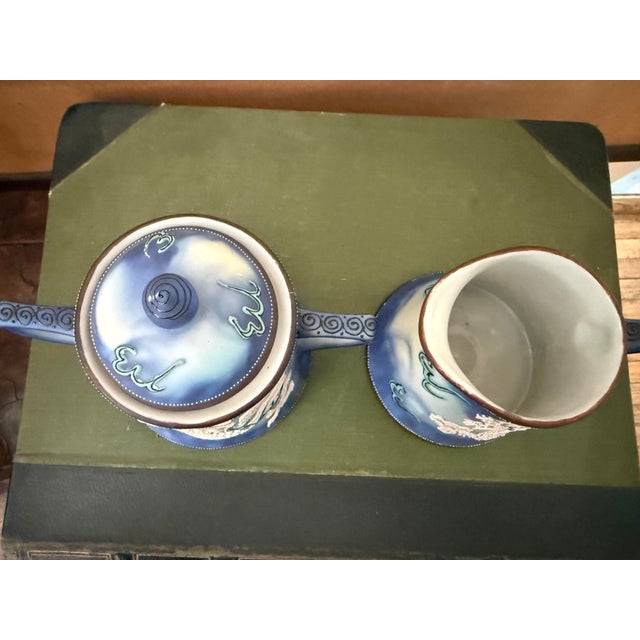 1950s Vintage Hand Painted Dragonware Sugar Bowl and Creamer Set Japan Blue Dragon Tea Set Asian Motif Mid Century For Sale - Image 5 of 12