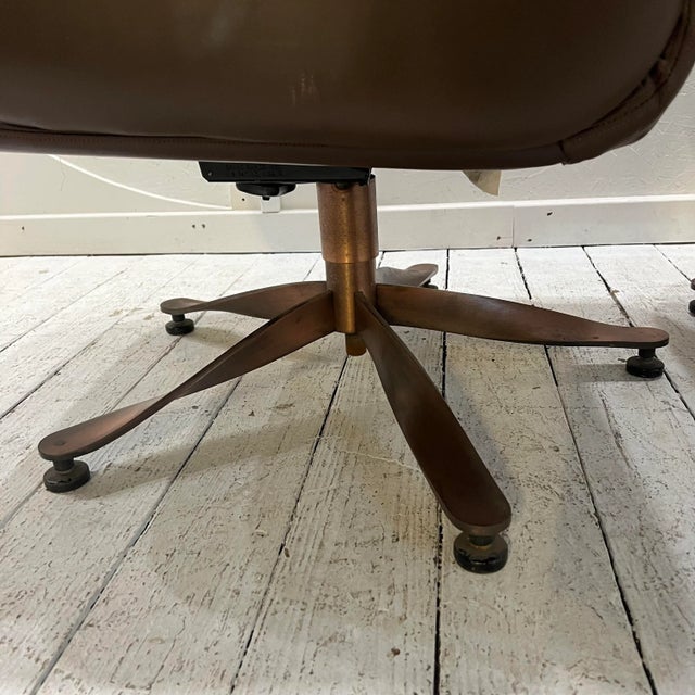 Mid 20th Century Brown Leather and Brass Propeller Base Arm Chairs by Mueller Furniture For Sale - Image 5 of 12