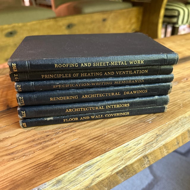 Antique to vintage set of 5 (now 6) reference hardcover text-books from writing to architecture to heating and...