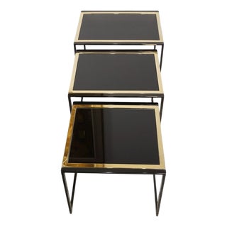 Black Nesting Tables with Gold-Plated Metal Feet, 1970s, Set of 3 For Sale