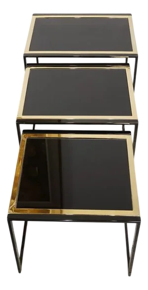 Black Nesting Tables with Gold-Plated Metal Feet, 1970s, Set of 3