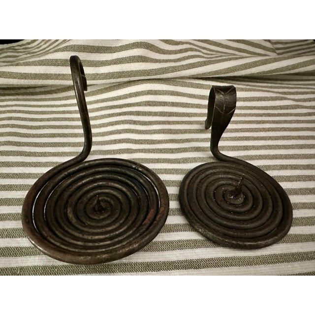 Gothic Vintage 20th Century Medieval/Rustic Hand Forged Iron Spiral Candle/ Votive Holder- Pair of 2 For Sale - Image 3 of 11