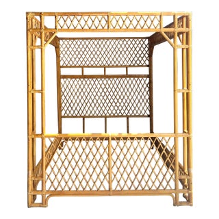 Vintage Boho Trellis Rattan Queen Canopy Bed For Sale
