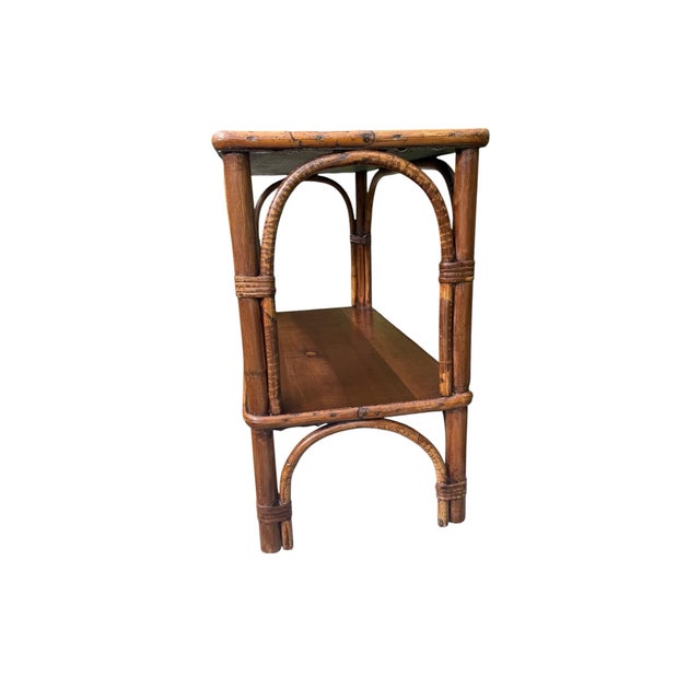 Hollywood Regency Vintage Bamboo Two-Tier Side Table | Hollywood Regency Coastal Rattan Accent Table For Sale - Image 3 of 10