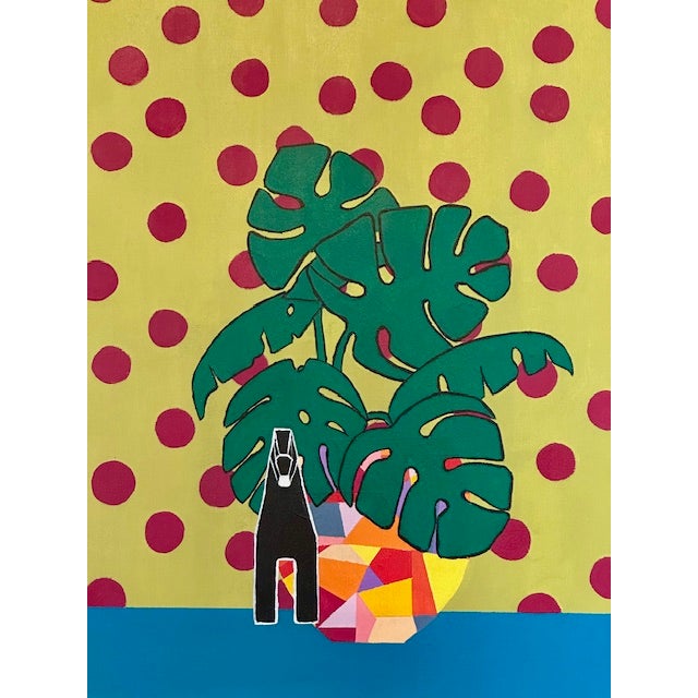 A playful and vibrant composition, this piece centers a stylized monstera plant set against a bold field of red polka dots...