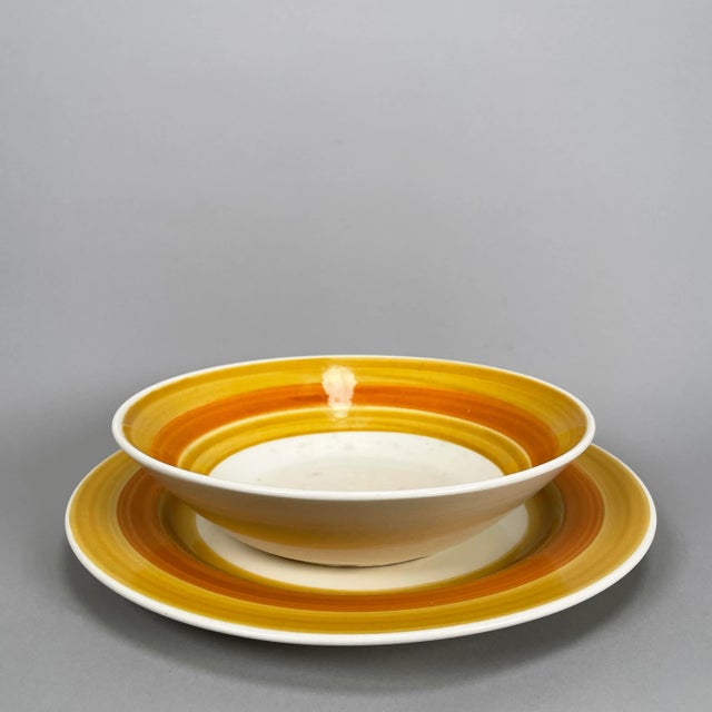 Beautiful Japanese MCM charger and bowl serving set with a vibrant hand-painted orange and yellow underglaze geometric...
