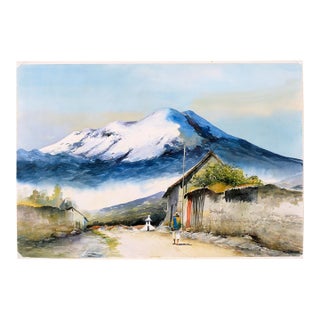 Village at the Base of the Andes Mountains - Watercolor Landscape on Paper by Erazo For Sale