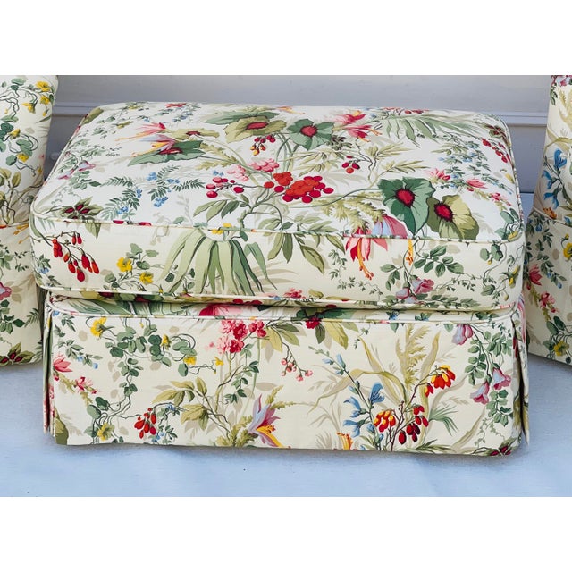 George Smith George Smith Attr. Floral Swivel 2 Armchairs and Ottoman For Sale - Image 4 of 11