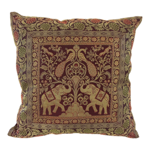 Silk Throw Pillow With Elephants and Peacocks India