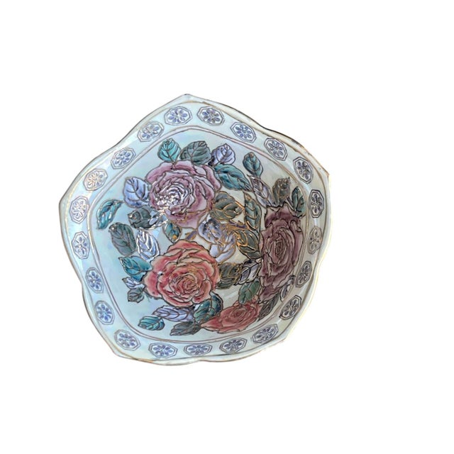 Vintage Hand Painted Asian Porcelain Bowl -Green, blue, and pink all outlined in gold- Textural Piece with Iridescent...