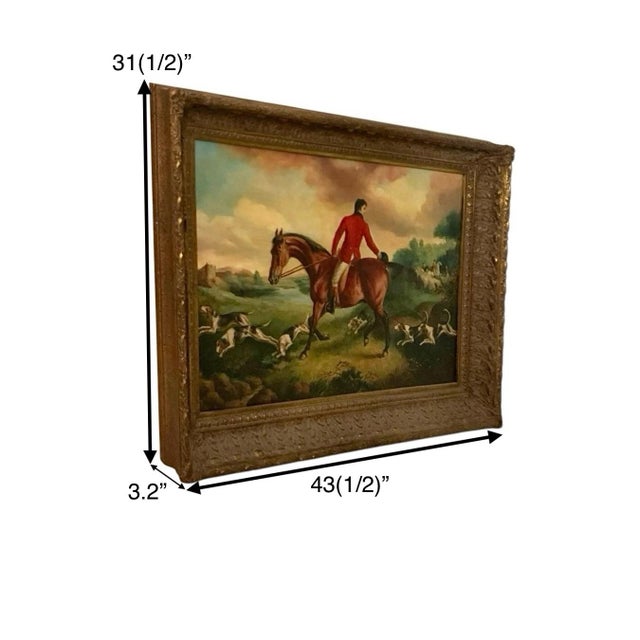 The product is a large original painting by artist A. Colnot depicting vintage scenes of English fox hunt dogs and horses....