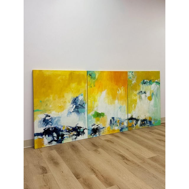 This set of three modern, unsigned, abstract paintings brings a cohesive, gallery-style statement to any wall, united by a...