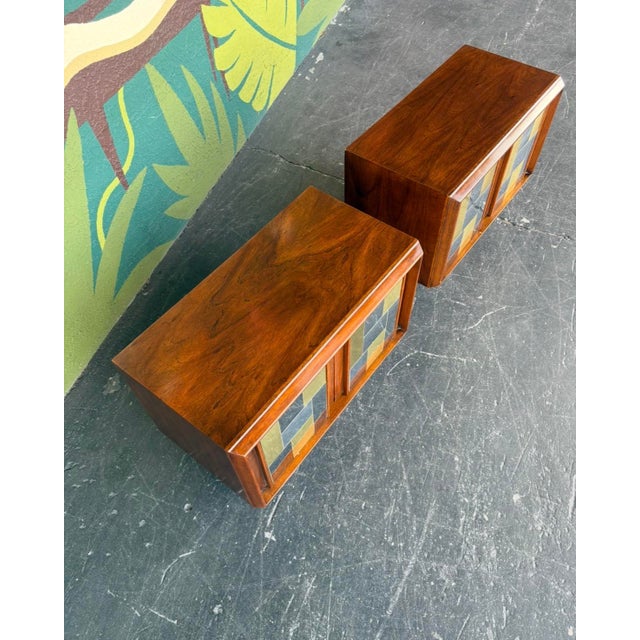 Mid Century Modern Brutalist Nightstand Pair by Lane. Done in the style of the Cityscape line by Paul Evans. A variation...