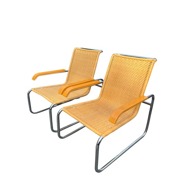 Modern 1970s Marcel Breuer B35 Modern Rattan Wicker Arm Chairs for Icf a Pair For Sale - Image 3 of 11