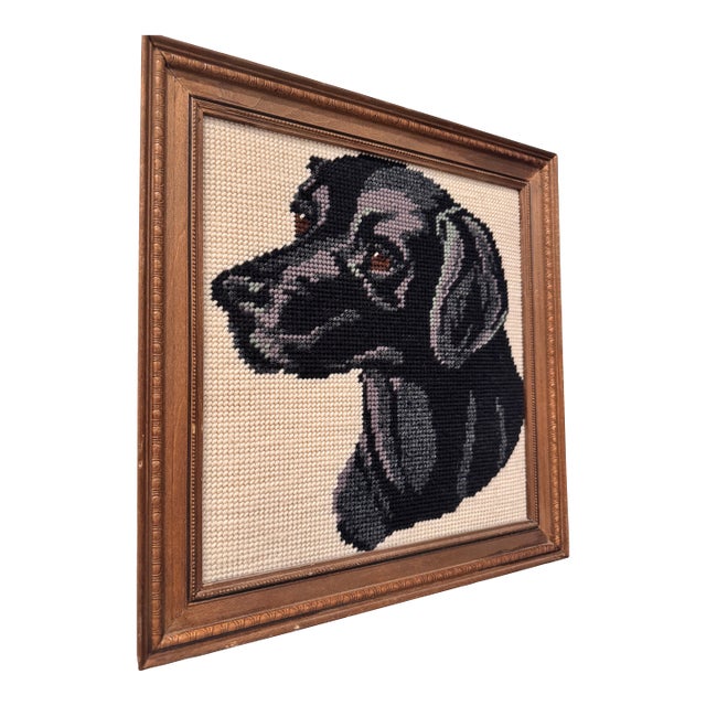 Vintage Framed Black Labrador Retriever Wool Needlepoint Textile Art For Sale