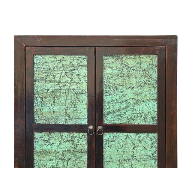 Chinese Distressed Turquoise Brown Large Armoire Wardrobe Cabinet For Sale In San Francisco - Image 6 of 15