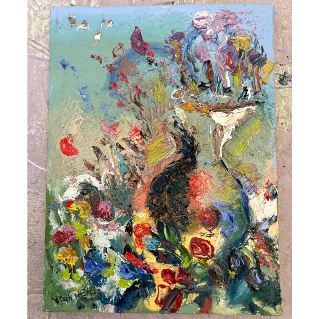 Sky Blue Abstract Floral Oil Painting, by Van Ness For Sale - Image 8 of 11