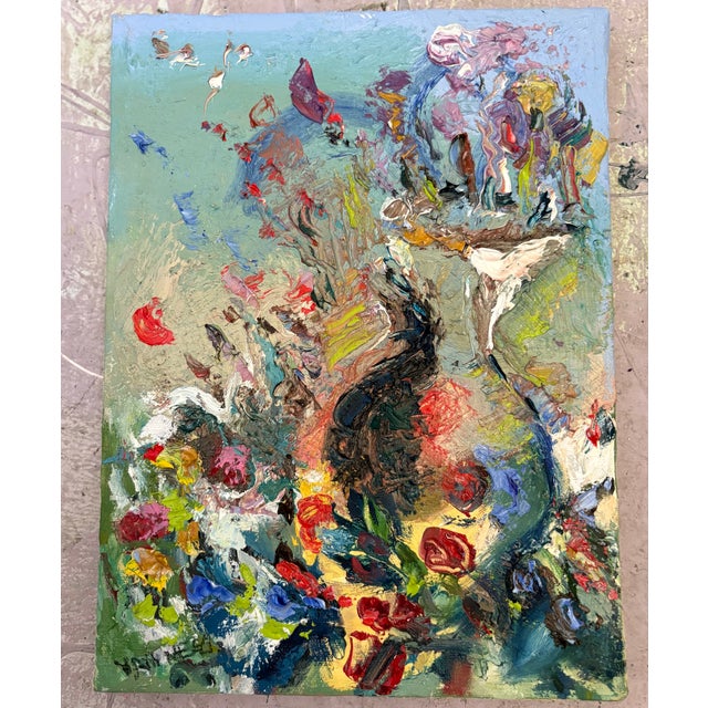 Sky Blue Abstract Floral Oil Painting, Impressionist, by Van Ness For Sale - Image 8 of 11