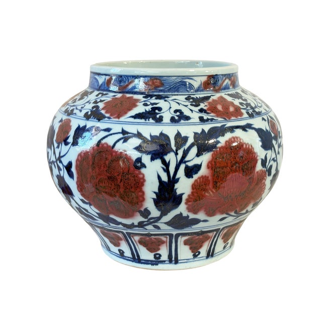 1980s Vintage Ming Style Chinoiserie Blue and White Vase/Cachepot 11" H For Sale - Image 5 of 10