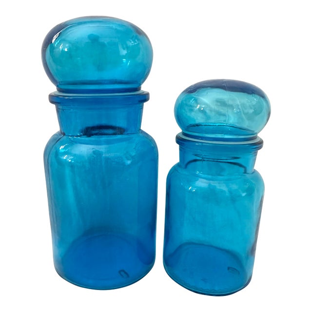 Vintage Pair of Belgium Blue Apothecary Bottles For Sale