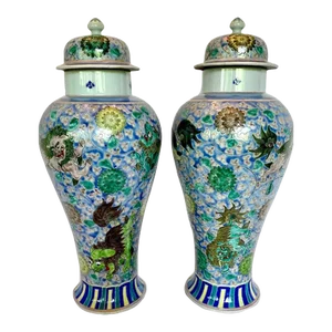 Pair of Mid 20th Century Chinese Porcelain Famille Rose Reproduction Foo Dog Temple Jars