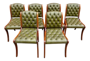 English Chesterfield Chairs in Green Leather, Set of 6