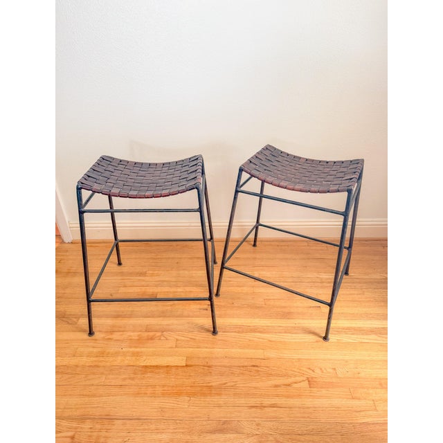 Metal French Mid Century Industrial Style Pair of Woven Leather and Iron Counter Stools After Lila Swift and Donald Monell For Sale - Image 7 of 18