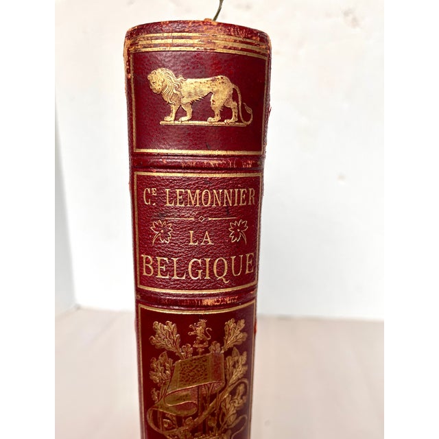 Red Antique 1888 French Large Leather Bound Book "La Belgique" For Sale - Image 8 of 18