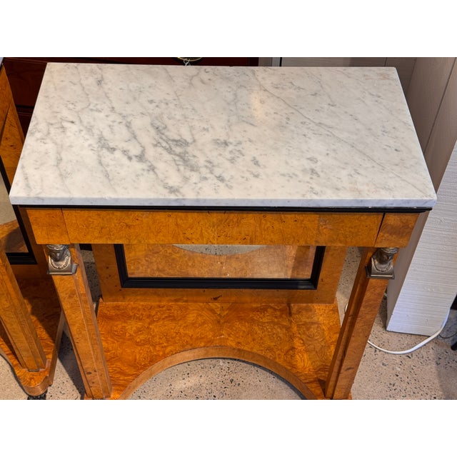 Tan 19th Century Pair Empire Consoles With Burlwood and Marble Tops For Sale - Image 8 of 16