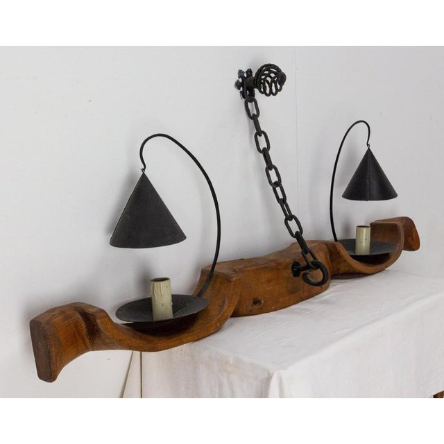 Mid-Century French Yoke Elm Sconces with Iron Double Lamps, Set of 2 For Sale - Image 11 of 14