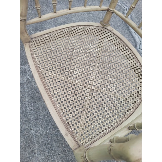 Wood Vintage Distressed Tan Faux Bamboo Cane Seat Regency Arm Side Chair For Sale - Image 7 of 7