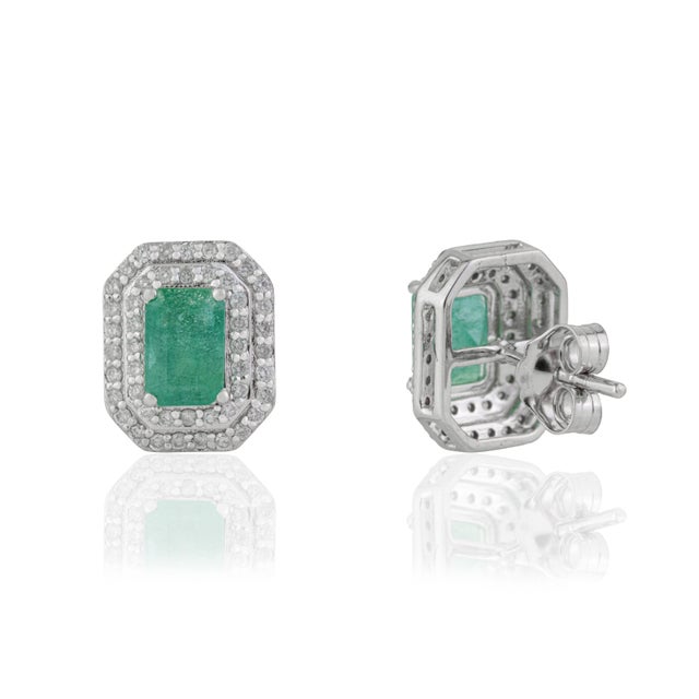 Metal 1.3Ct Emerald and Diamond Double Halo Stud Earrings in 14k Gold- A Pair For Sale - Image 7 of 16