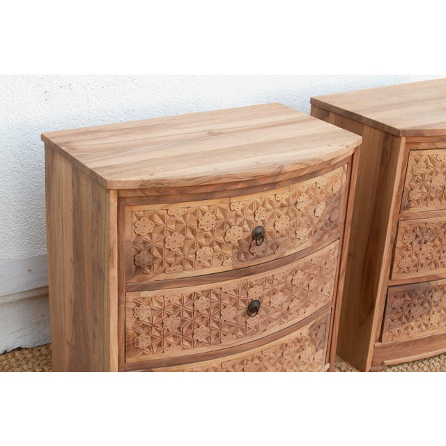 1990s Set of 2, Reclaimed Wood Bow Front Carved Bedside Dressers For Sale - Image 5 of 11