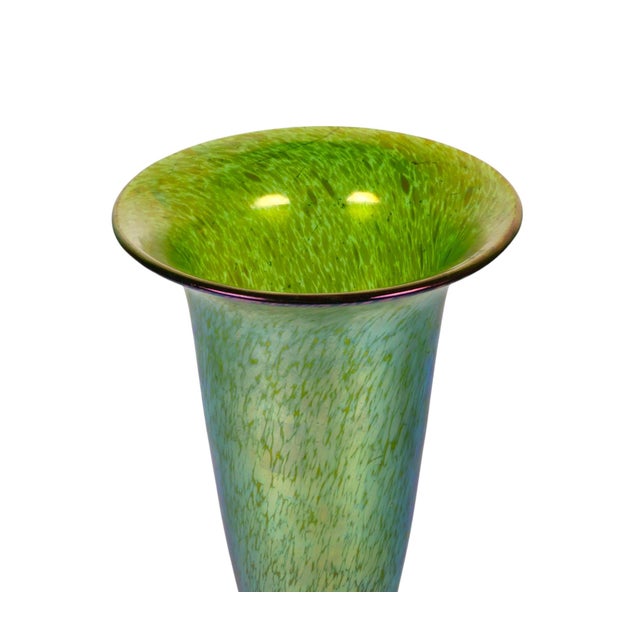 Art Nouveau Loetz Blue Green Iridescent Art Glass Trumpet Vase For Sale - Image 3 of 9