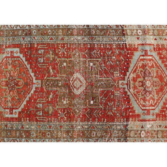 Early 20th Century Antique Persian Heriz Distressed Runner With Geometric Medallions in Soft Colors For Sale - Image 5 of 11