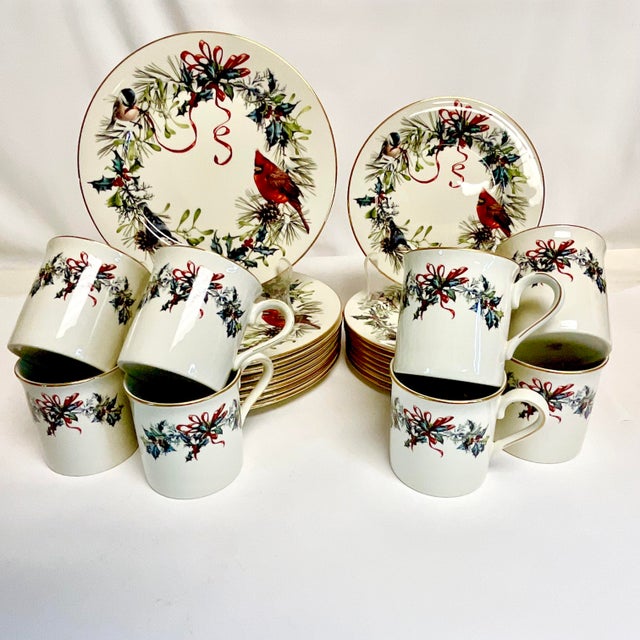 Vintage Home is pleased to offer this 24 piece set of Lenox China, pattern Winter Greetings. The set includes 8 Coffee...