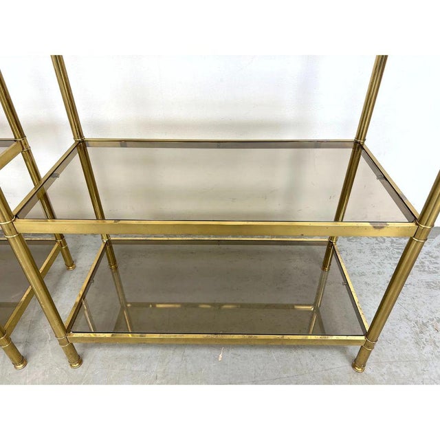 Mid 20th Century Pair of Billy Baldwin Style Brass Etageres With Smoked Glass Shelves For Sale - Image 5 of 6