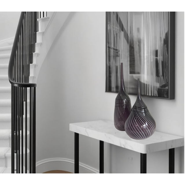 Glass 24 + In. Murano Style Purple White Applied Black Swirl Bulbous Art Glass Vase Set of 2 For Sale - Image 7 of 14