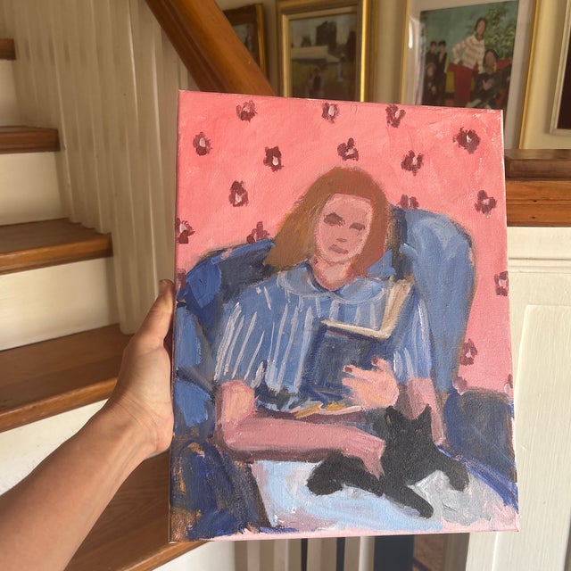 Woman With Her Book and Cat an Original Painting by Michelle Heimann. For Sale - Image 4 of 4