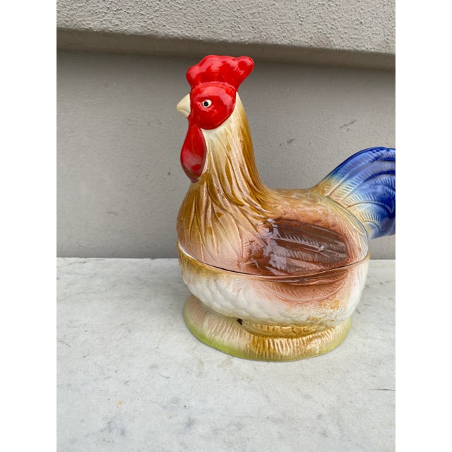 French country majolica rooster tureen, circa 1950 signed Caugant.